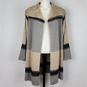 Calvin Klein Colorblock Tan Grey Open Front Long Knit Cardigan Wide Collar Sz S